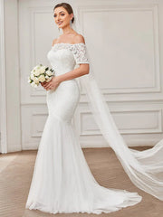 Aimishang Off the Shoulder Bodycon Fishtail Vintage Embroidered Floral Lace Wedding Dress