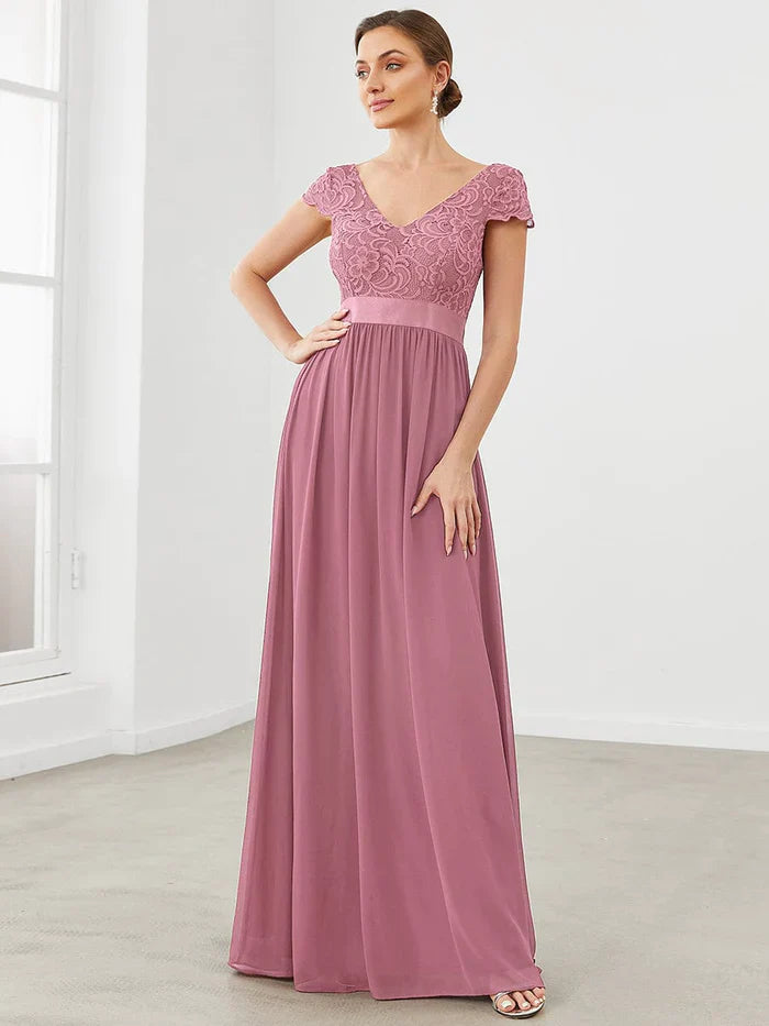 Aimishang Lace Short Sleeve Maxi Mother of the Bride Dress