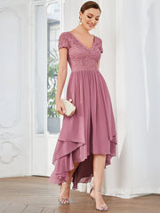 Aimishang Brief Sleeve Vintage Ribbons Short Sleeve Higher Low Mother of the Bride Gown