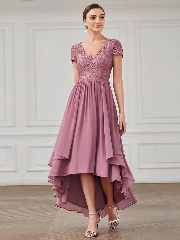 Aimishang Brief Sleeve Vintage Ribbons Short Sleeve Higher Low Mother of the Bride Gown