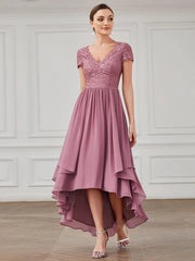 Aimishang Brief Sleeve Vintage Ribbons Short Sleeve Higher Low Mother of the Bride Gown
