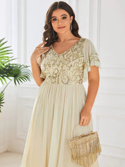 Aimishang Plus Size V-Neck Short Sleeve Sequin Bodice Mother of the Bride Dress