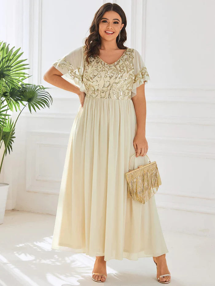 Aimishang Plus Size V-Neck Short Sleeve Sequin Bodice Mother of the Bride Dress
