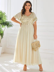 Aimishang Plus Size V-Neck Short Sleeve Sequin Bodice Mother of the Bride Dress