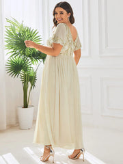 Aimishang Plus Size V-Neck Short Sleeve Sequin Bodice Mother of the Bride Dress