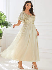 Aimishang Plus Size V-Neck Short Sleeve Sequin Bodice Mother of the Bride Dress