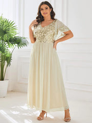 Aimishang Plus Size V-Neck Short Sleeve Sequin Bodice Mother of the Bride Dress