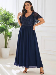 Aimishang Short Sleeve V-Neck Sequin Chiffon A-Line Mother of the Bride Dress