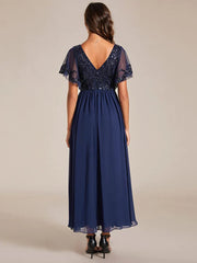 Aimishang Short Sleeve V-Neck Sequin Chiffon A-Line Mother of the Bride Dress