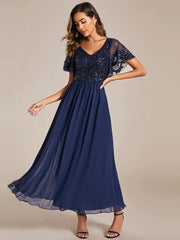 Aimishang Short Sleeve V-Neck Sequin Chiffon A-Line Mother of the Bride Dress