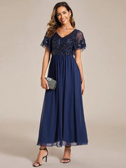 Aimishang Short Sleeve V-Neck Sequin Chiffon A-Line Mother of the Bride Dress