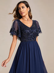 Aimishang Short Sleeve V-Neck Sequin Chiffon A-Line Mother of the Bride Dress