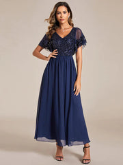 Aimishang Short Sleeve V-Neck Sequin Chiffon A-Line Mother of the Bride Dress