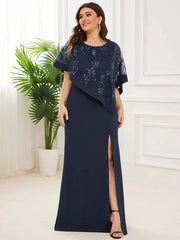 Aimishang Plus Size Asymmetrical Cape Sequin Mother of the Bride Dress