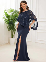 Aimishang Plus Size Asymmetrical Cape Sequin Mother of the Bride Dress