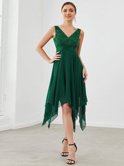 Weitese Deep V-Neck Lace Chiffon Bridesmaid Dress with Asymmetrical Hem