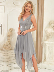 Weitese Deep V-Neck Lace Chiffon Bridesmaid Dress with Asymmetrical Hem