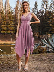 Weitese Deep V-Neck Lace Chiffon Bridesmaid Dress with Asymmetrical Hem