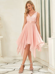 Weitese Deep V-Neck Lace Chiffon Bridesmaid Dress with Asymmetrical Hem