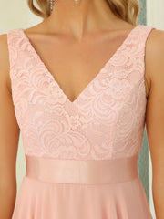 Weitese Deep V-Neck Lace Chiffon Bridesmaid Dress with Asymmetrical Hem