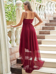 Weitese V Neck High-low Hem Pleated Tulle Prom Dress