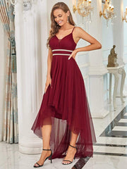 Weitese V Neck High-low Hem Pleated Tulle Prom Dress