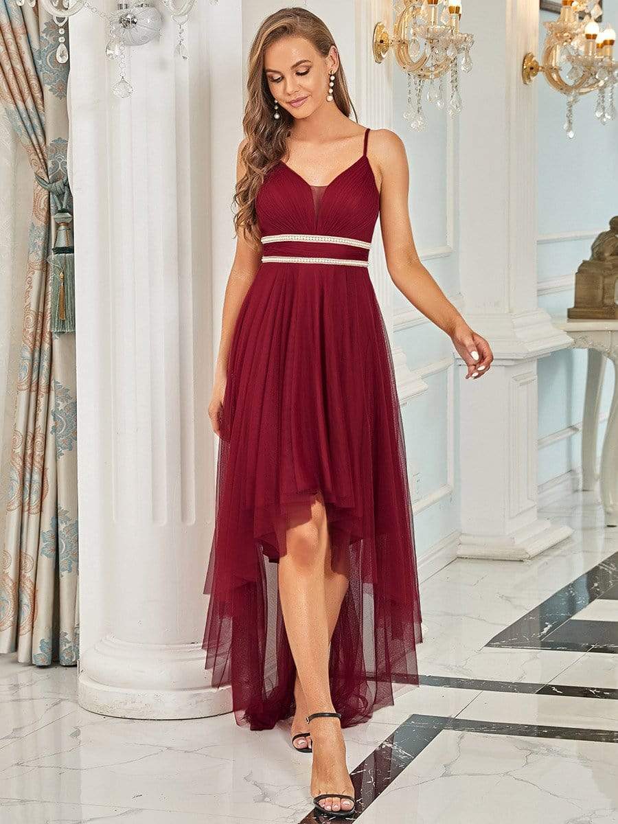 Weitese V Neck High-low Hem Pleated Tulle Prom Dress