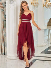 Weitese V Neck High-low Hem Pleated Tulle Prom Dress