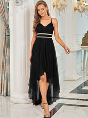Weitese V Neck High-low Hem Pleated Tulle Prom Dress