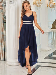 Weitese V Neck High-low Hem Pleated Tulle Prom Dress