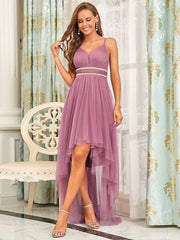 Weitese V Neck High-low Hem Pleated Tulle Prom Dress