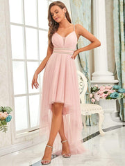 Weitese V Neck High-low Hem Pleated Tulle Prom Dress
