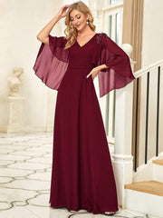 Weitese Elegant V Neck Flowy Chiffon Bridesmaid Dresses with Wraps