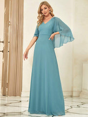 Weitese Elegant V Neck Flowy Chiffon Bridesmaid Dresses with Wraps