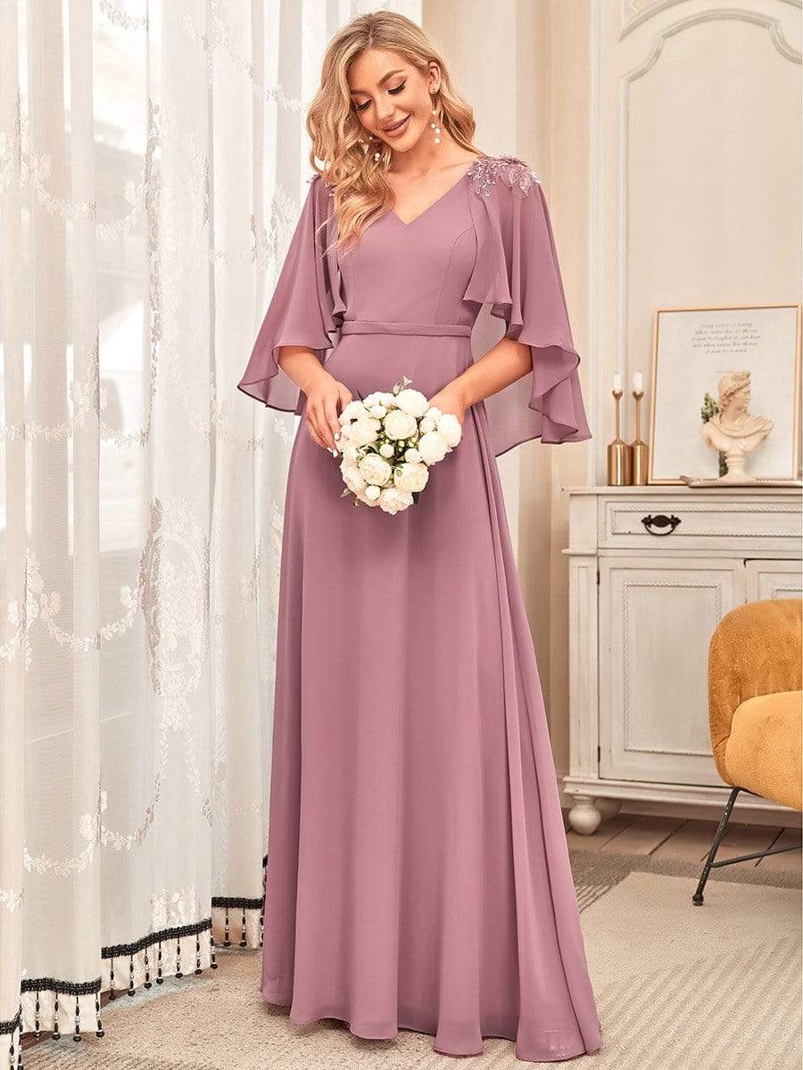 Weitese Elegant V Neck Flowy Chiffon Bridesmaid Dresses with Wraps