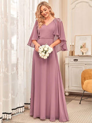 Weitese Elegant V Neck Flowy Chiffon Bridesmaid Dresses with Wraps