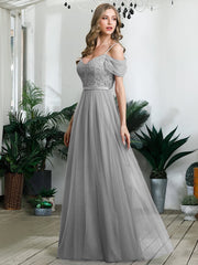 Weitese Cold Shoulder Sequin Bodice Long Tulle Bridesmaid Dress