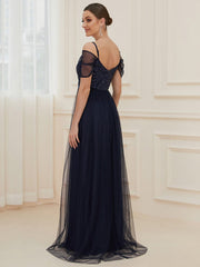 Weitese Cold Shoulder Sequin Bodice Long Tulle Bridesmaid Dress