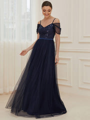 Weitese Cold Shoulder Sequin Bodice Long Tulle Bridesmaid Dress