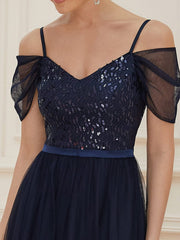 Weitese Cold Shoulder Sequin Bodice Long Tulle Bridesmaid Dress