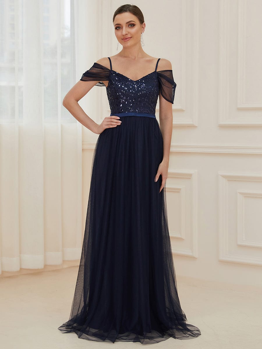 Weitese Cold Shoulder Sequin Bodice Long Tulle Bridesmaid Dress