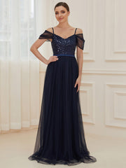 Weitese Cold Shoulder Sequin Bodice Long Tulle Bridesmaid Dress