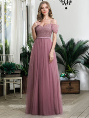 Weitese Cold Shoulder Sequin Bodice Long Tulle Bridesmaid Dress