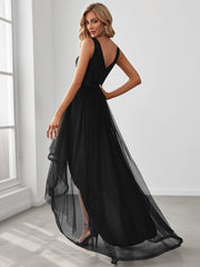 Weitese Fashion High-Low Deep V Neck Tulle Prom Dresses with Sequin Appliques