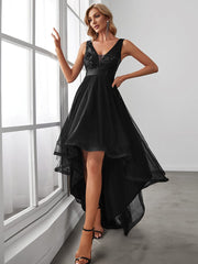Weitese Fashion High-Low Deep V Neck Tulle Prom Dresses with Sequin Appliques