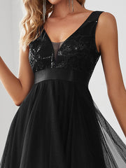 Weitese Fashion High-Low Deep V Neck Tulle Prom Dresses with Sequin Appliques