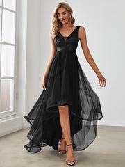 Weitese Fashion High-Low Deep V Neck Tulle Prom Dresses with Sequin Appliques