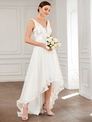 Weitese Fashion High-Low Deep V Neck Tulle Prom Dresses with Sequin Appliques