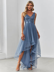 Weitese Fashion High-Low Deep V Neck Tulle Prom Dresses with Sequin Appliques