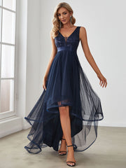 Weitese Fashion High-Low Deep V Neck Tulle Prom Dresses with Sequin Appliques
